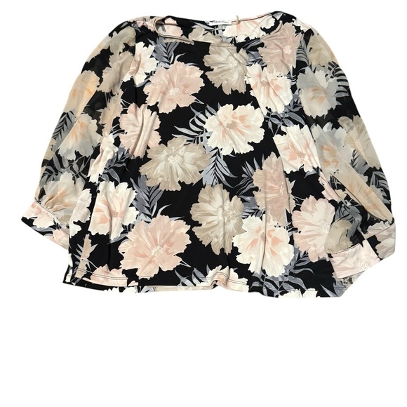 Calvin Klein Floral Blouse Semi Sheer 3/4 Sleeves Black and Cream Size 2X - Picture 2 of 6